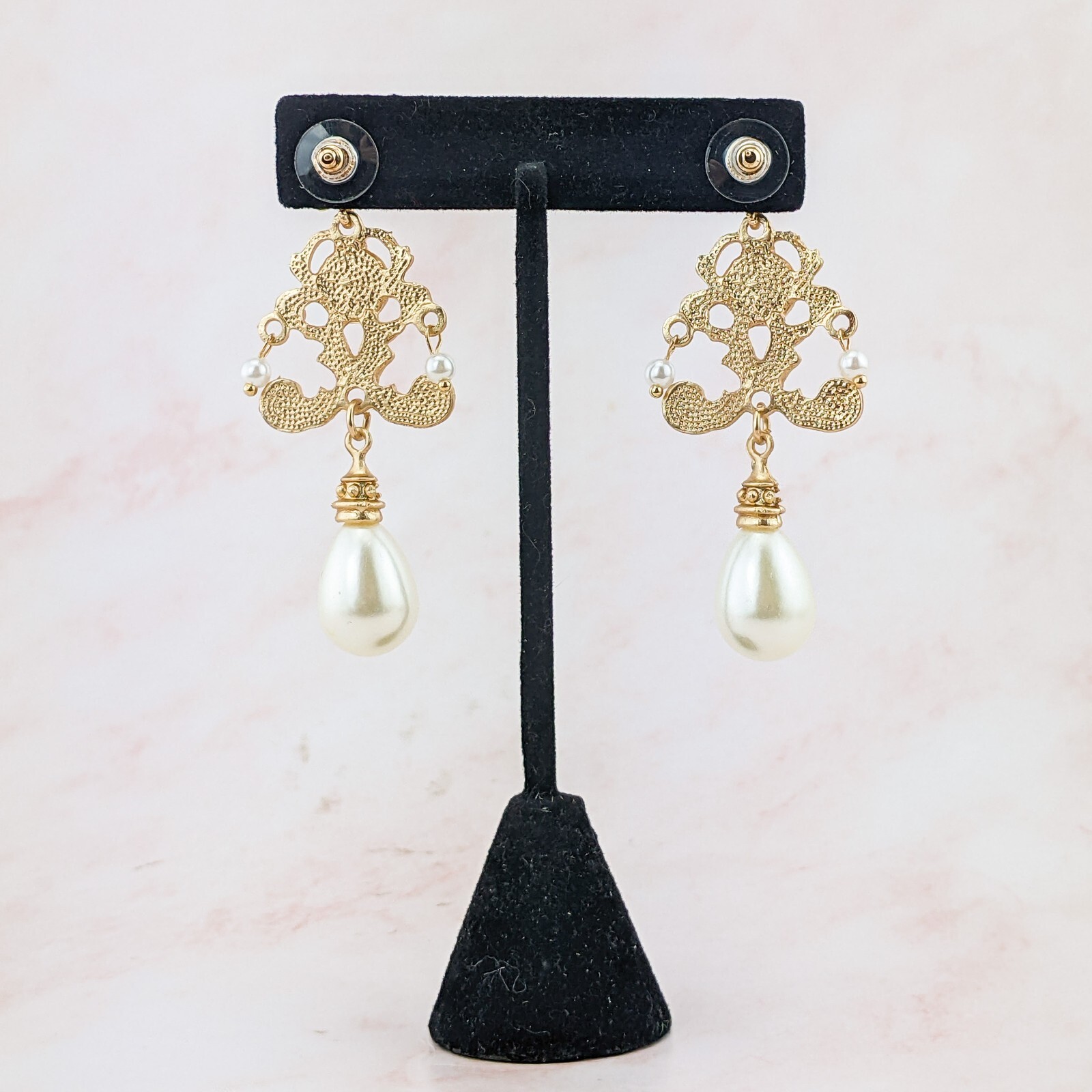 f38d Elegant Gold & faux Pearl Dangle Drop Earrings Bold Jewelry Fashion Gift