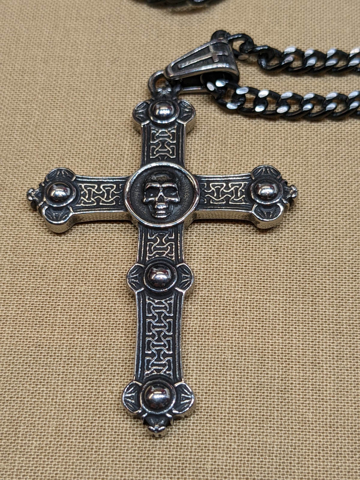 Gothic Skull Cross Necklace Pendant Silver Tone Black Chain Emo Rebel Biker ~47″