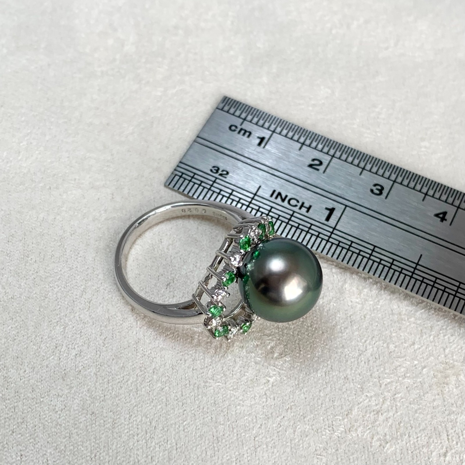 AAA 10.8mm Peacock Tahitian Pearl Ring Diamond & Tsavorite 18K Solid White Gold