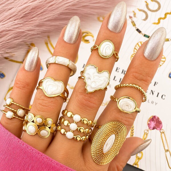 18K Gold Plated Stainless Steel Nacre Pearl Ring Adjustable Waterproof Hypoaller