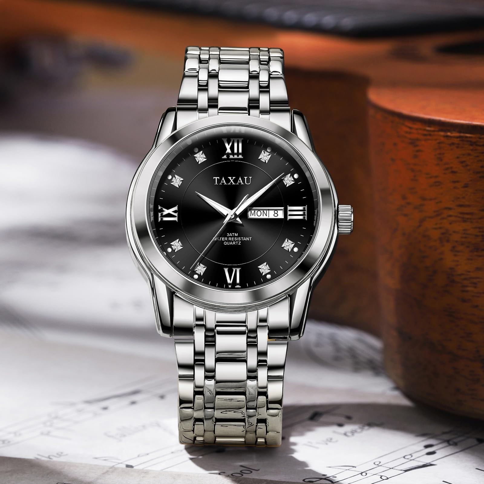Silver Men Watch Black Face Stainless Steel Analog Quartz Watches for Men wit…