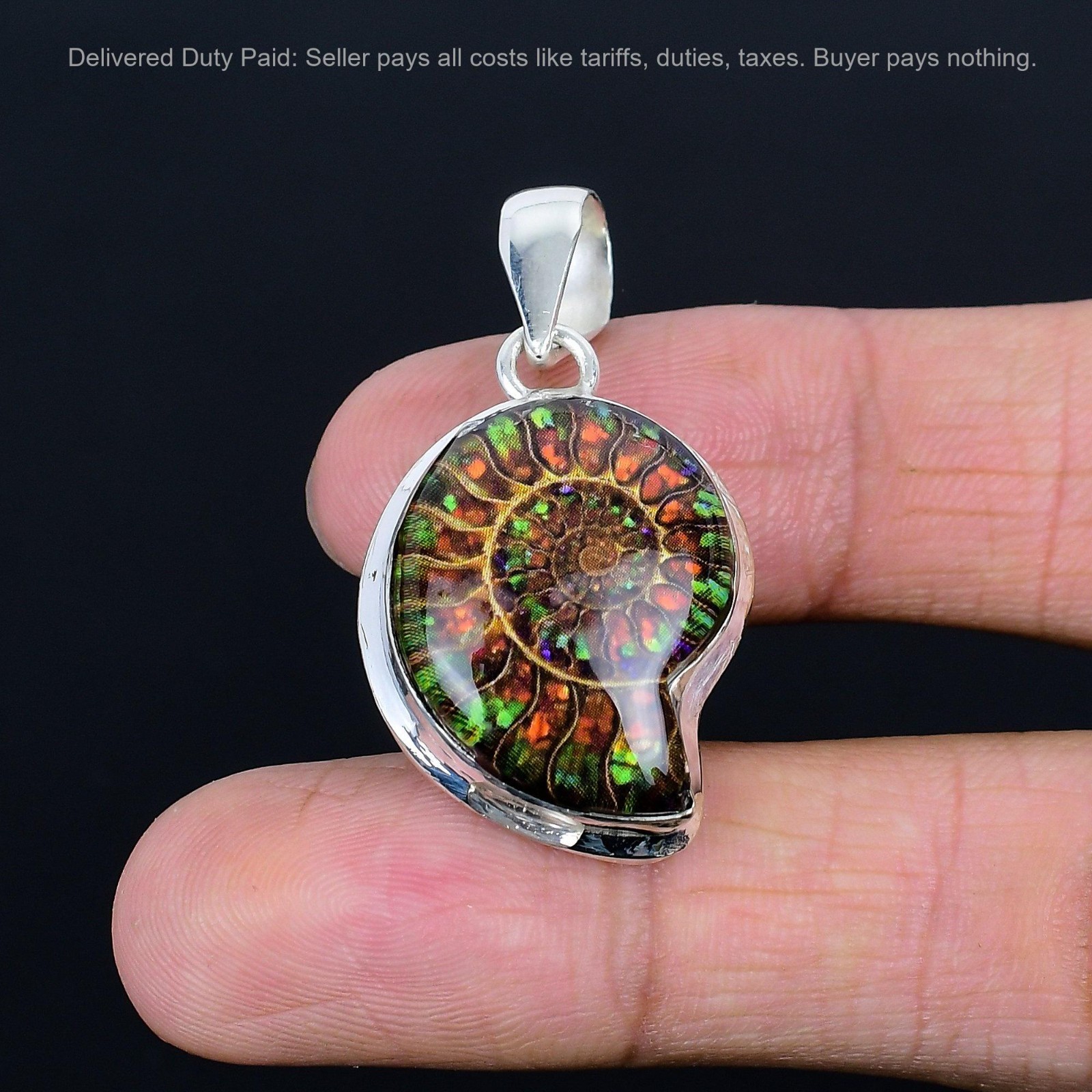 Sterling Silver Pear Natural Ammonite Doublet Opal Mother Birthday Boho Pendant