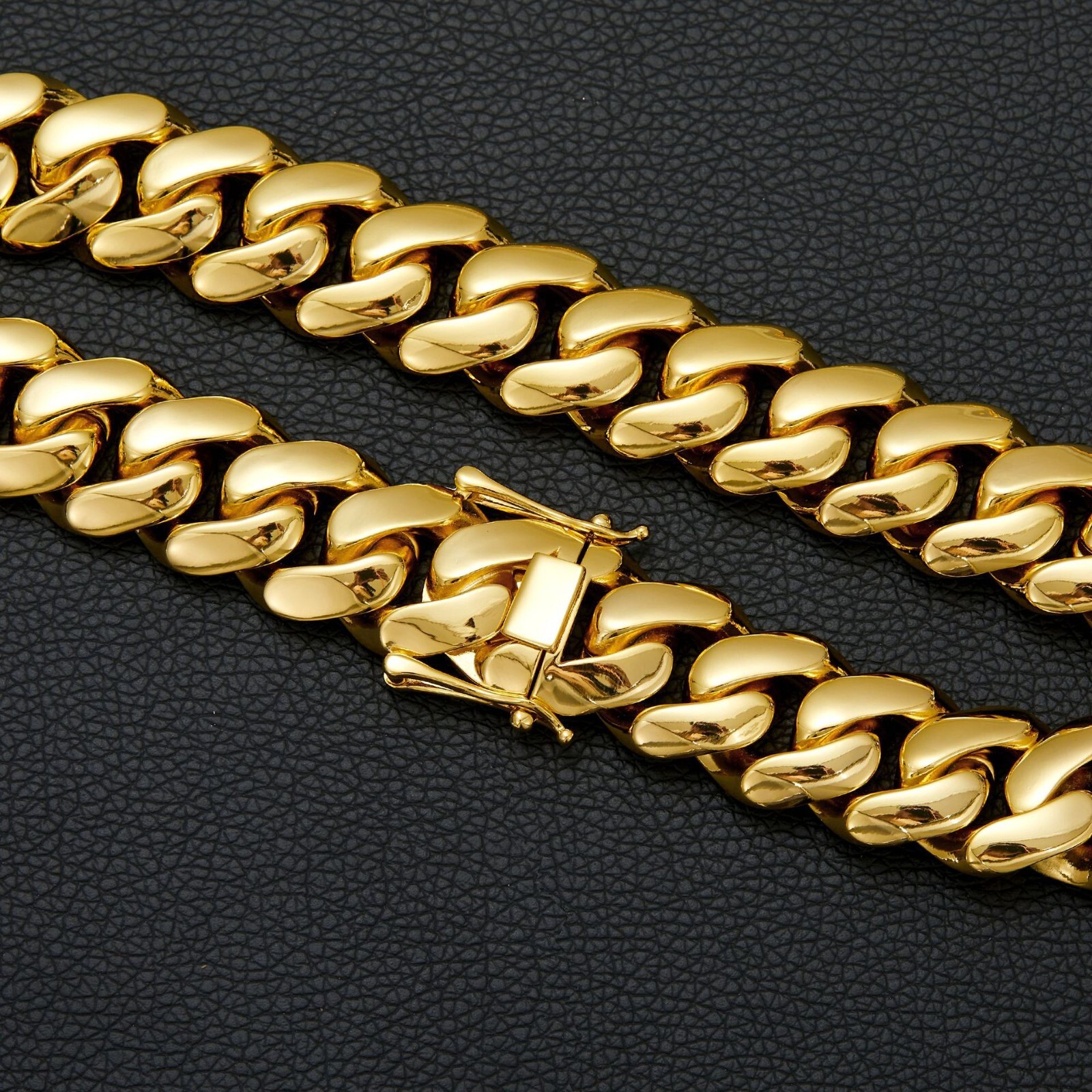 Men 10/12/14/16/18/20/22mm Flat Gold Tone Stainless Steel Miami Cuban Link Chain