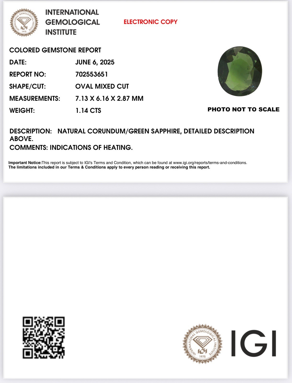 IGI Certified Natural Green Sapphire – 1.14 CT – Oval Cut