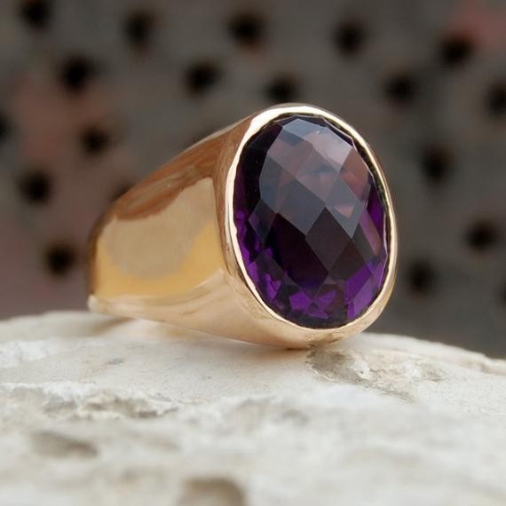 Solid 925 Sterling Silver Natural Purple Amethyst Cut Gemstone Men’s Unisex Ring