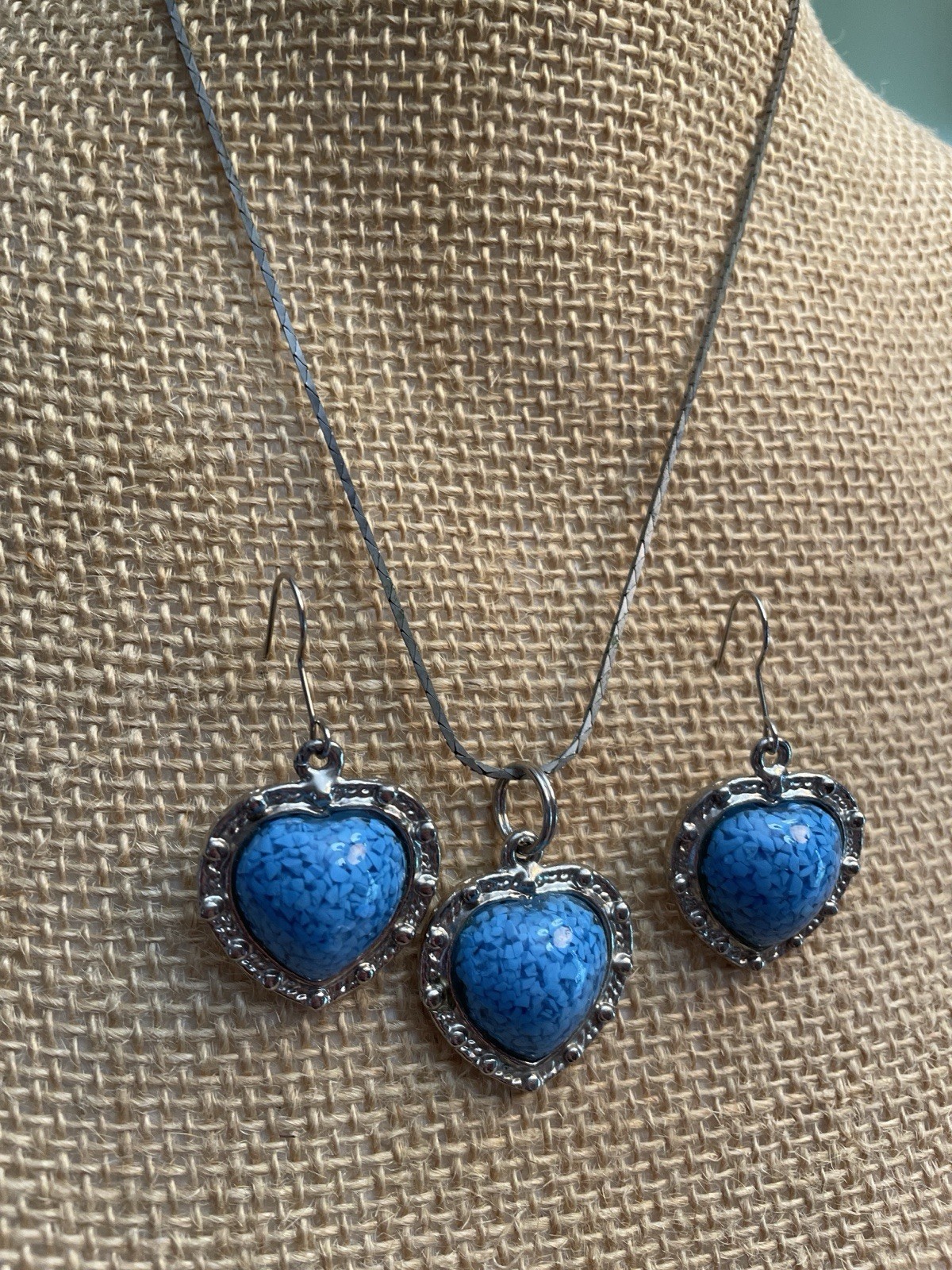 Faux Turquoise Necklace Cabochon + Pierced Earrings in Heart Motif Jewelry Set