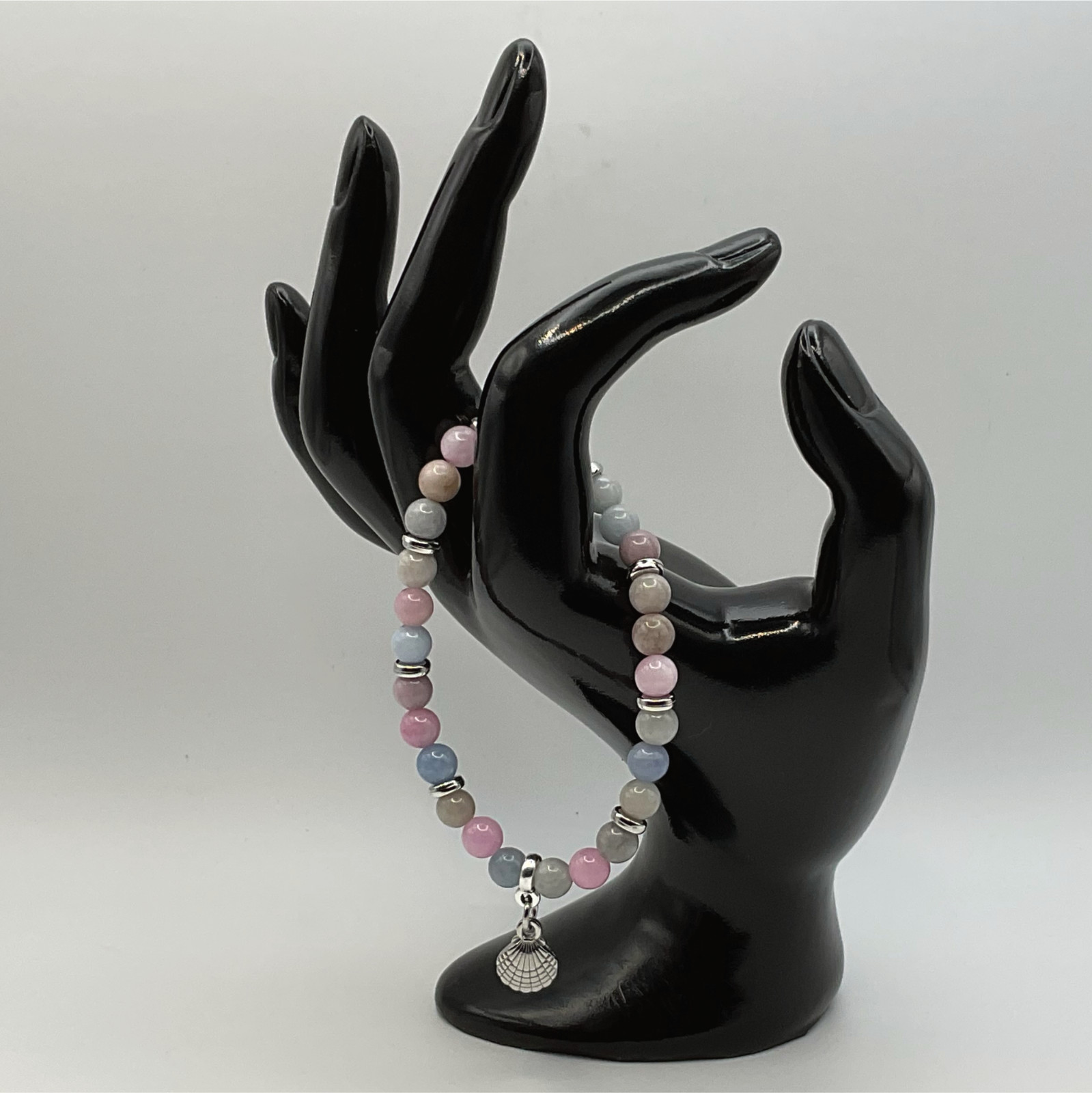 Handcrafted Unique Bracelet — 16 cm (6.3″) Blue Grey Pink Opal Shell Charm
