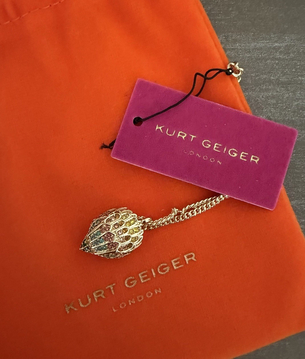 NWT Kurt Geiger London Rainbow Crystal Eagle Head Pendant Necklace Gold Multi