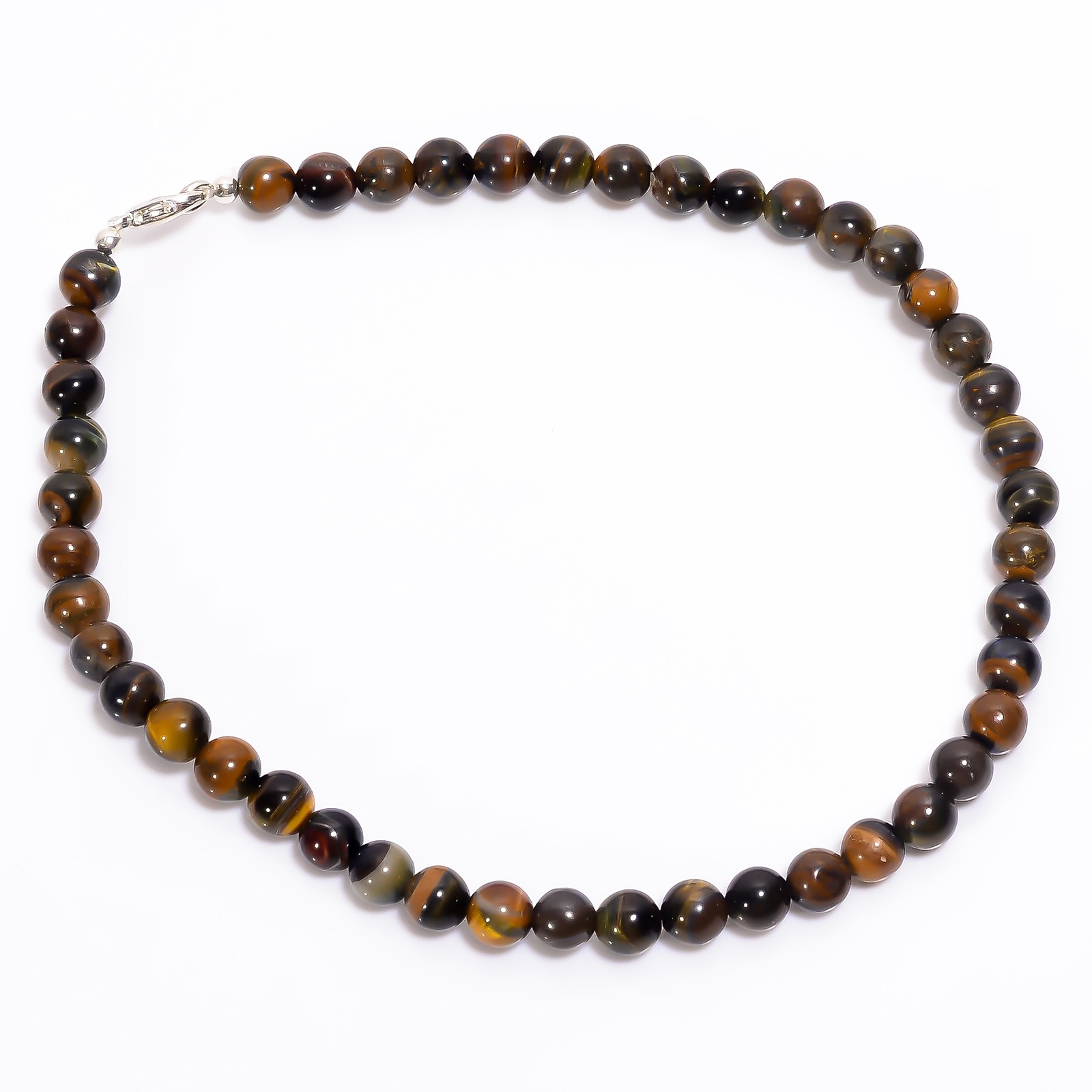 Black Tiger Eye Gemstone Round 8 mm Smooth Beads 15.5″ Stretchable Necklace