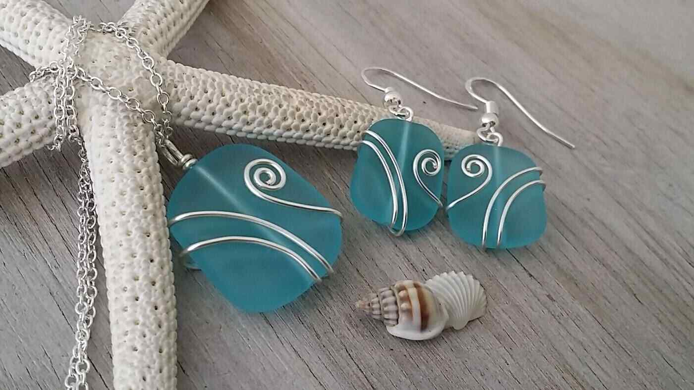 Made in Hawaii, Wire wrapped blue sea glass necklace + earrings jewelry set,