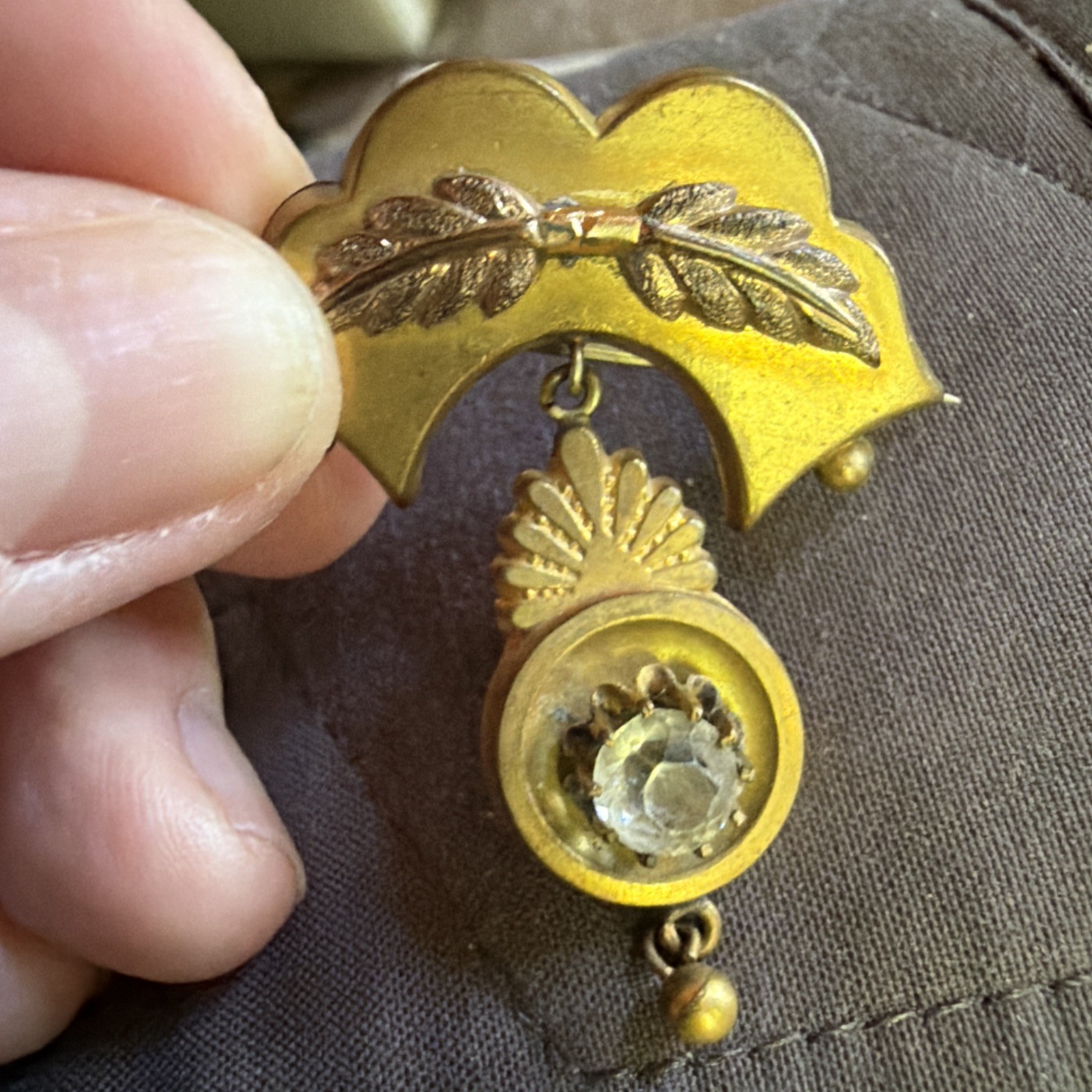 Antique Victorian Etruscan Hollow Gold Filled Dangle Brooch Pin Rose Gold Leaves