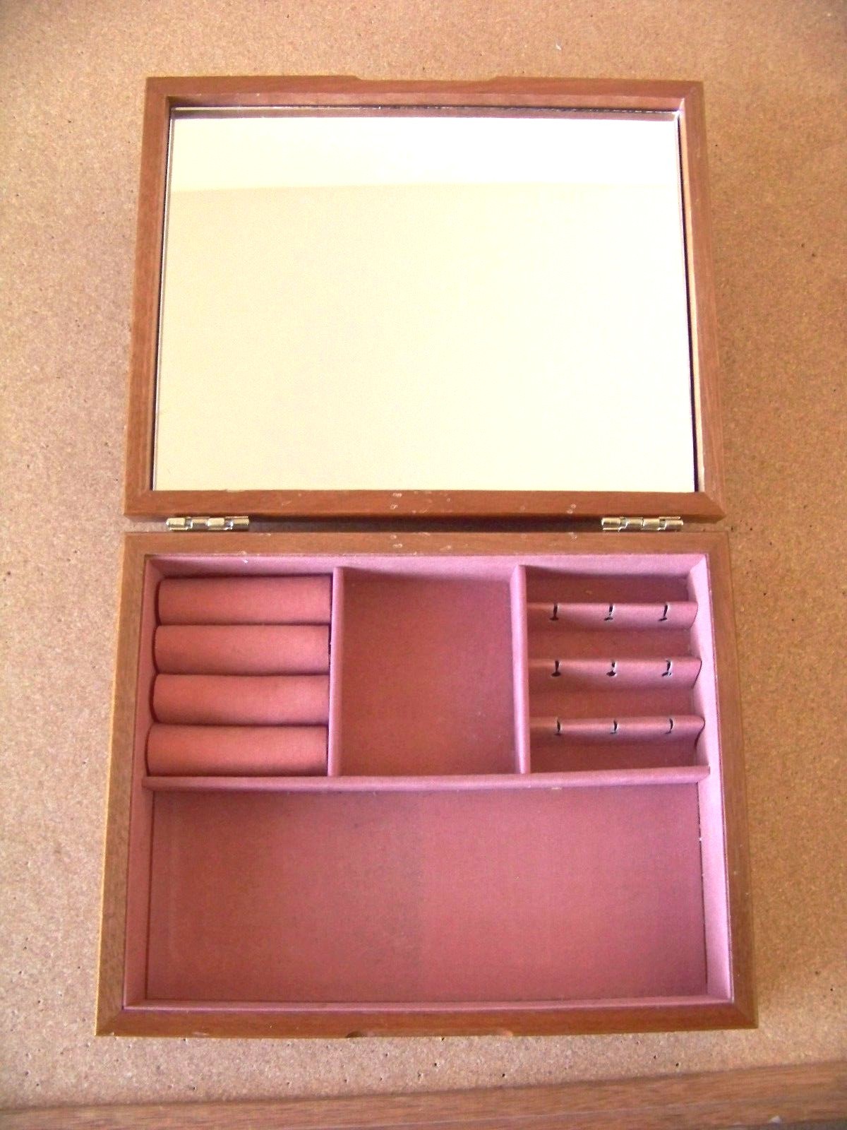 wood jewelry box with padded top rings earrings misc. mirror inside of lid