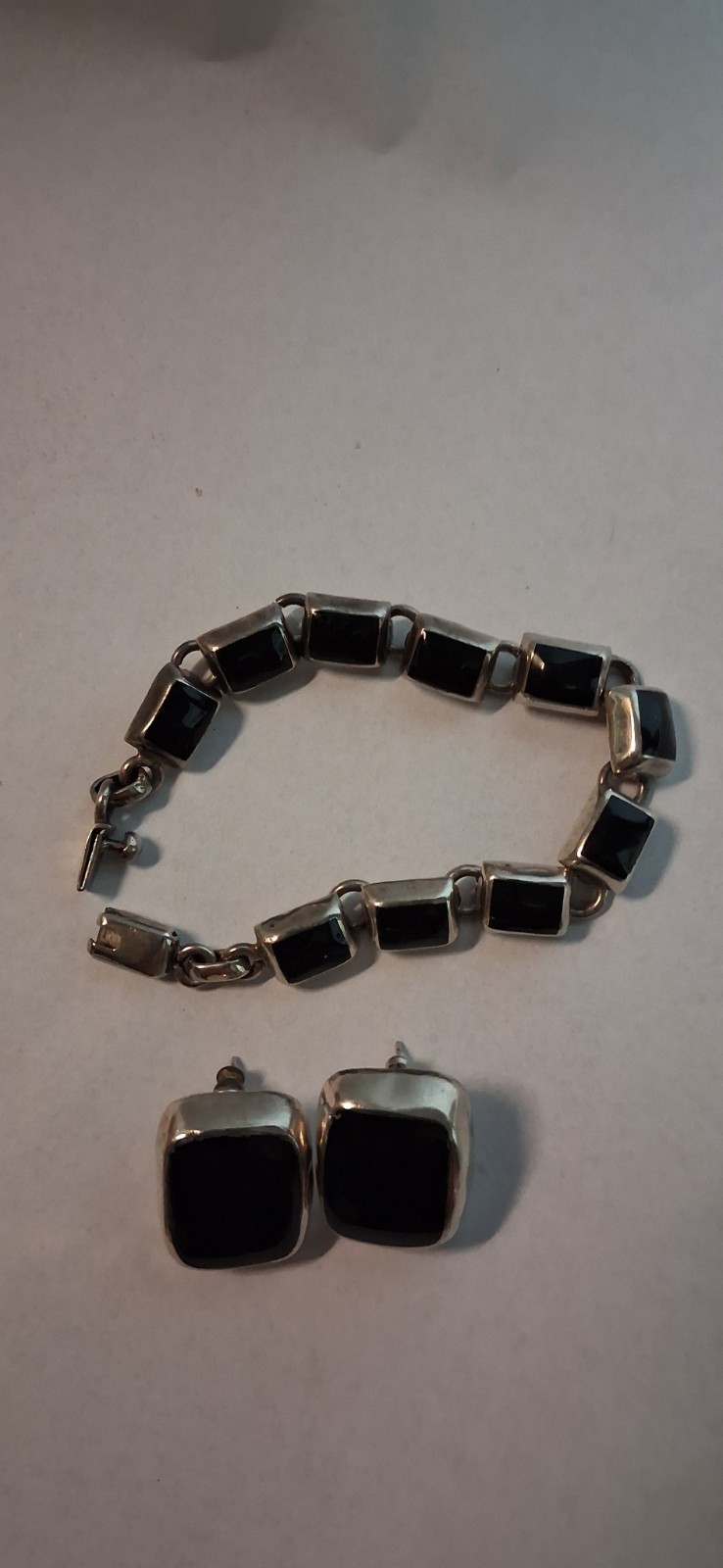 Vintage Sterling Silver And Black Onyx Bracelet And Earrings 7 Inches Long