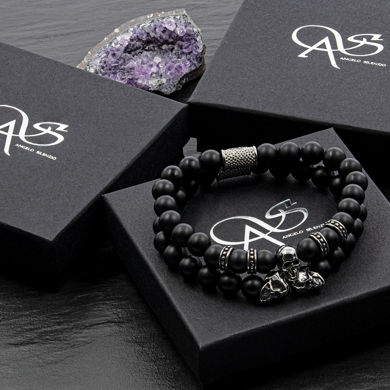 Onyx Matt Armband Bracelet Perlenarmband Memento Mori Silver Edition