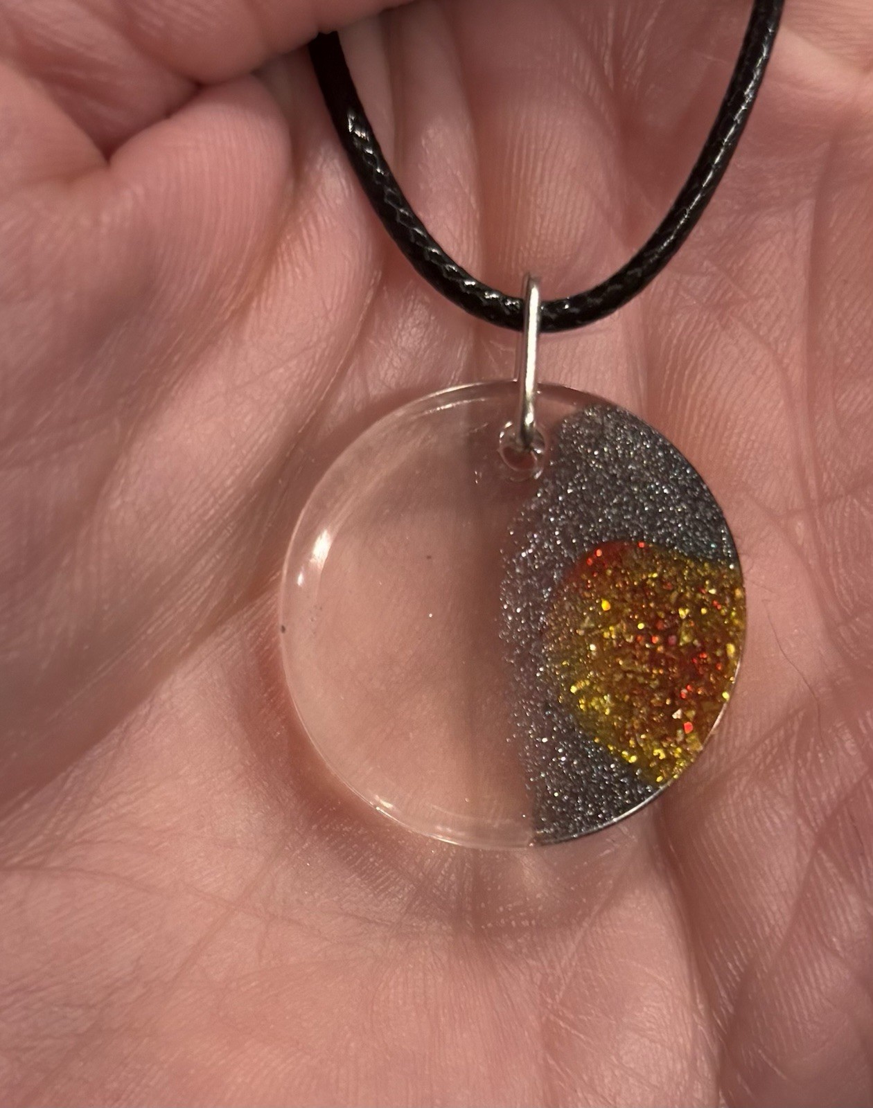 Handmade Resin Pendant Clear Black Red Gold Sparkle Minimalist Boho Art Jewelry