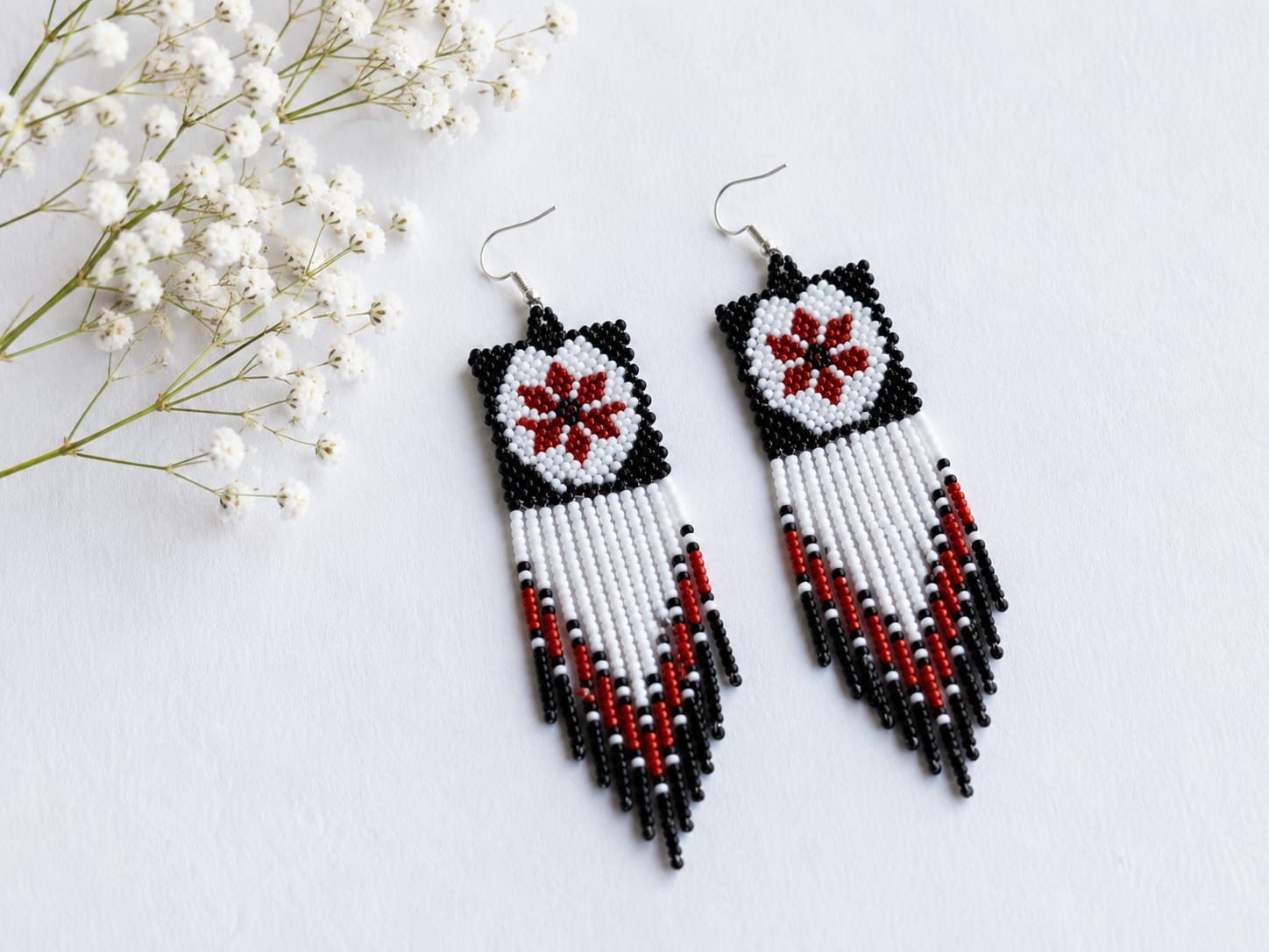 Handmade Seed Bead Fringe Earrings Long Tassel Boho Dangle Statement Jewelry.