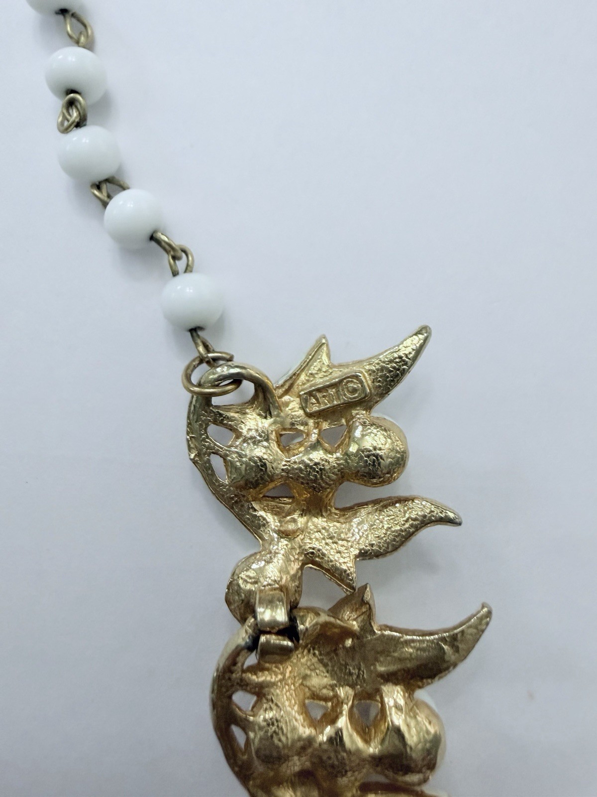 Vintage ART Signed White Milk Glass Bead Leaf Necklace Gold Tone Mid Century
