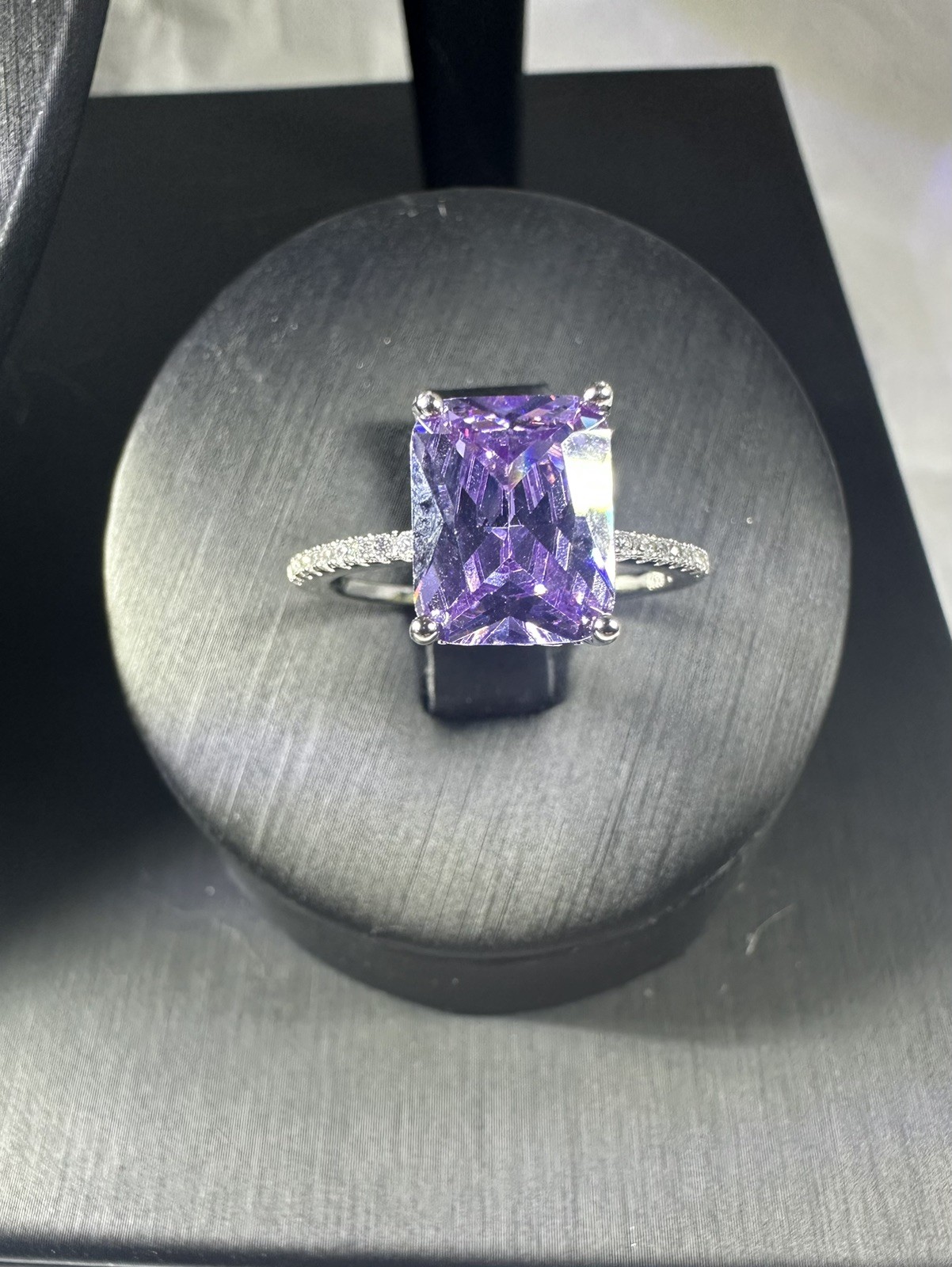 New W/ Certificate 4ct Lavender Radiant Lab Gem Ring,Moissanite Halo, S925 Sz. 8