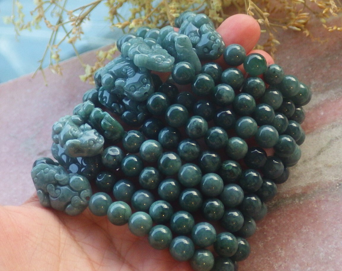 1 piece Green A JADE Jadeite Beads Bangle Dragon Pi Xiu Bracelet 6 inches 694382