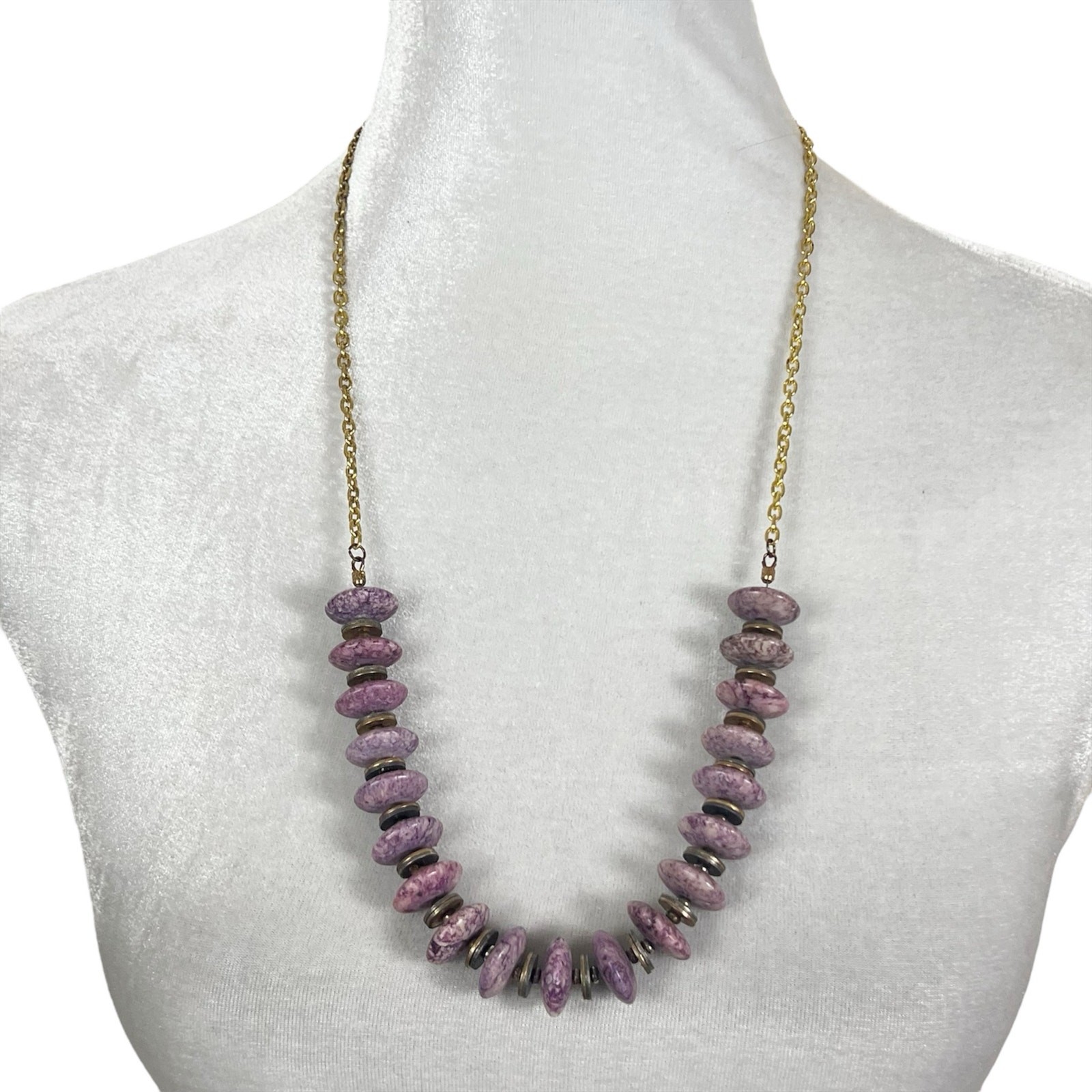 Gold Tone Chain Necklace With Purple Lavander Marble Disk Beads