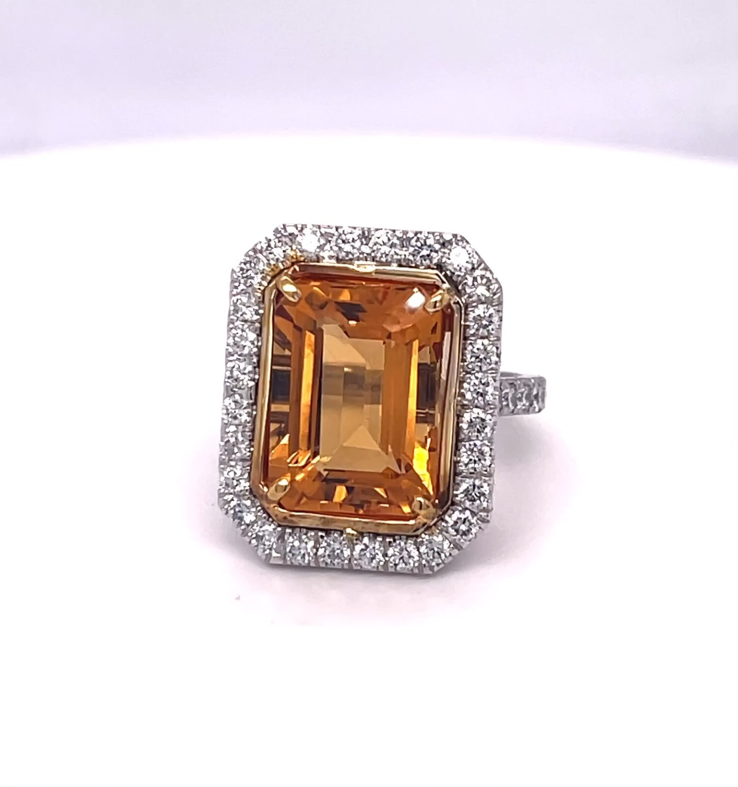 Emerald Cut Citrine and Diamond Ring 7.71 carats. Set in Platinum/18KYG