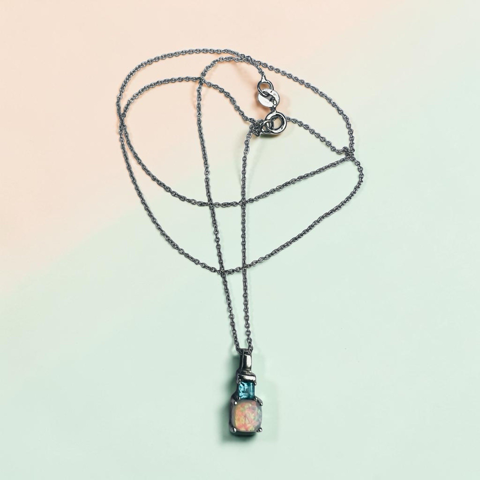 Sterling Silver Opal and Blue Topaz Necklace 18 Inches Sparkle and Shine 925