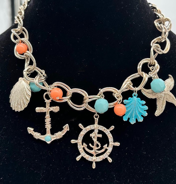 Nautical Charm Necklace Vintage w/ Shells, Ships Wheel & Anchor Gold Tone Chain