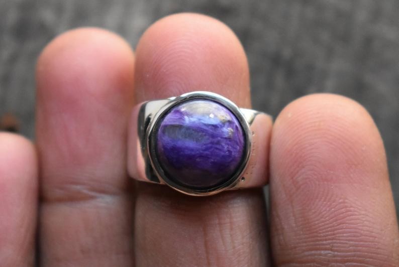 Solid 925 Sterling Silver Natural Purple Charoite Gemstone Men’s Unisex BandRing