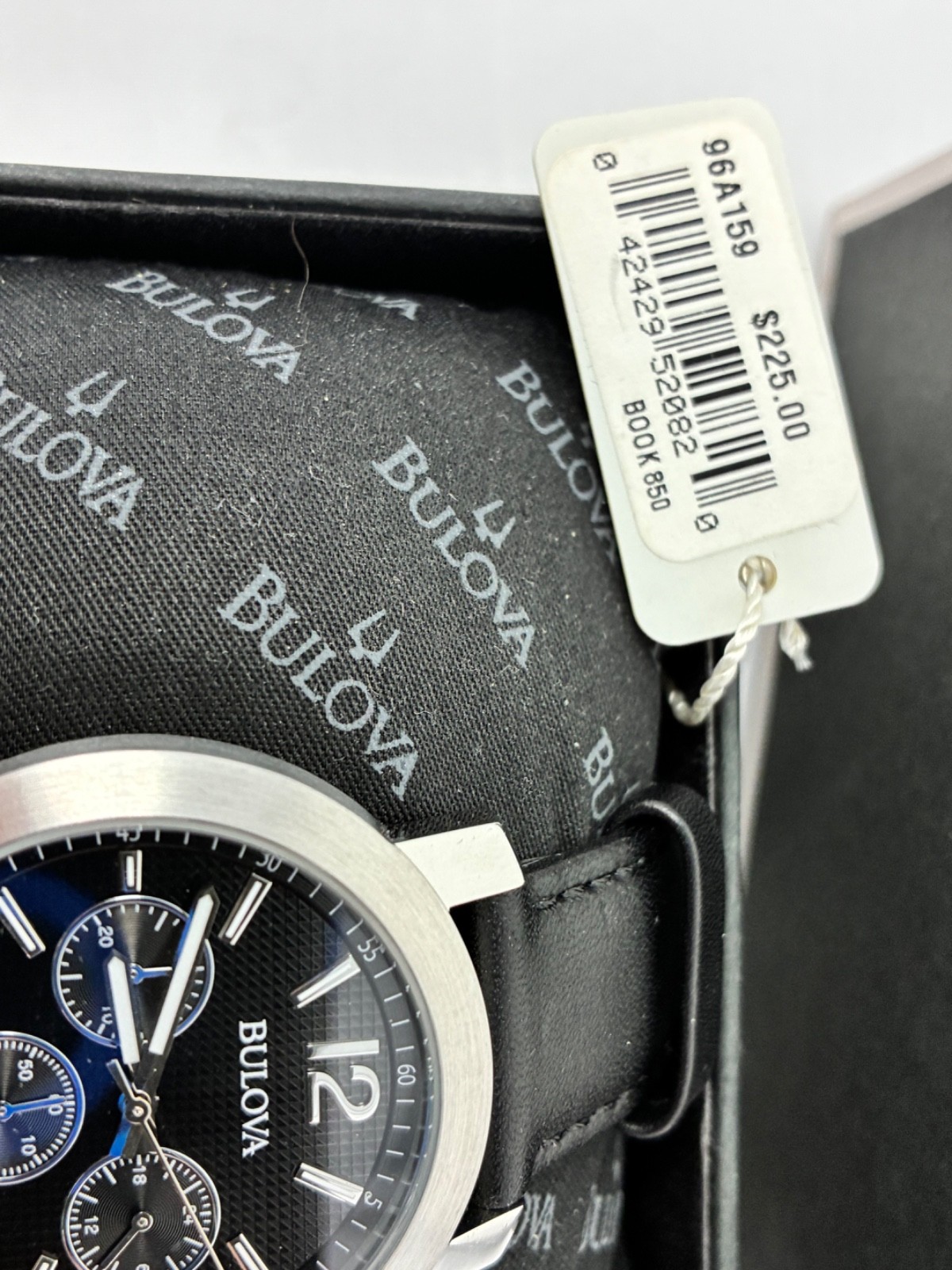 Bulova Men’s Sport Chronograph Watch Black Dial Leather Strap 96A159
