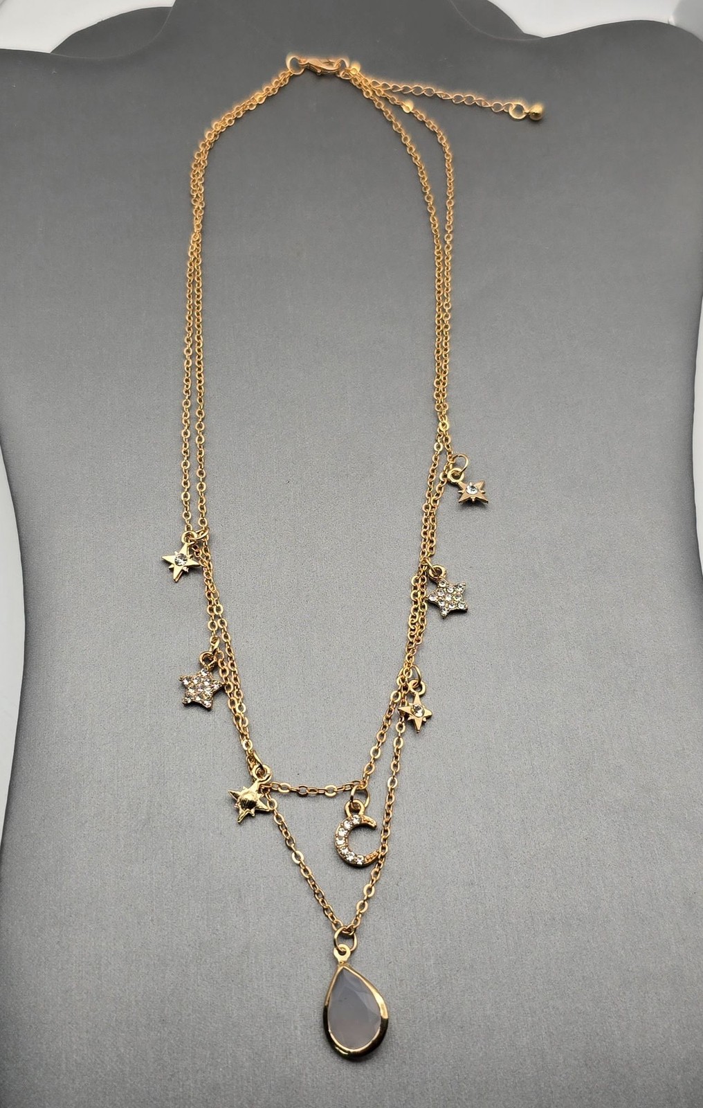 Celestial Star & Moon Teardrop Pendant Layered Necklace 16″ Gold-Tone Adjustable