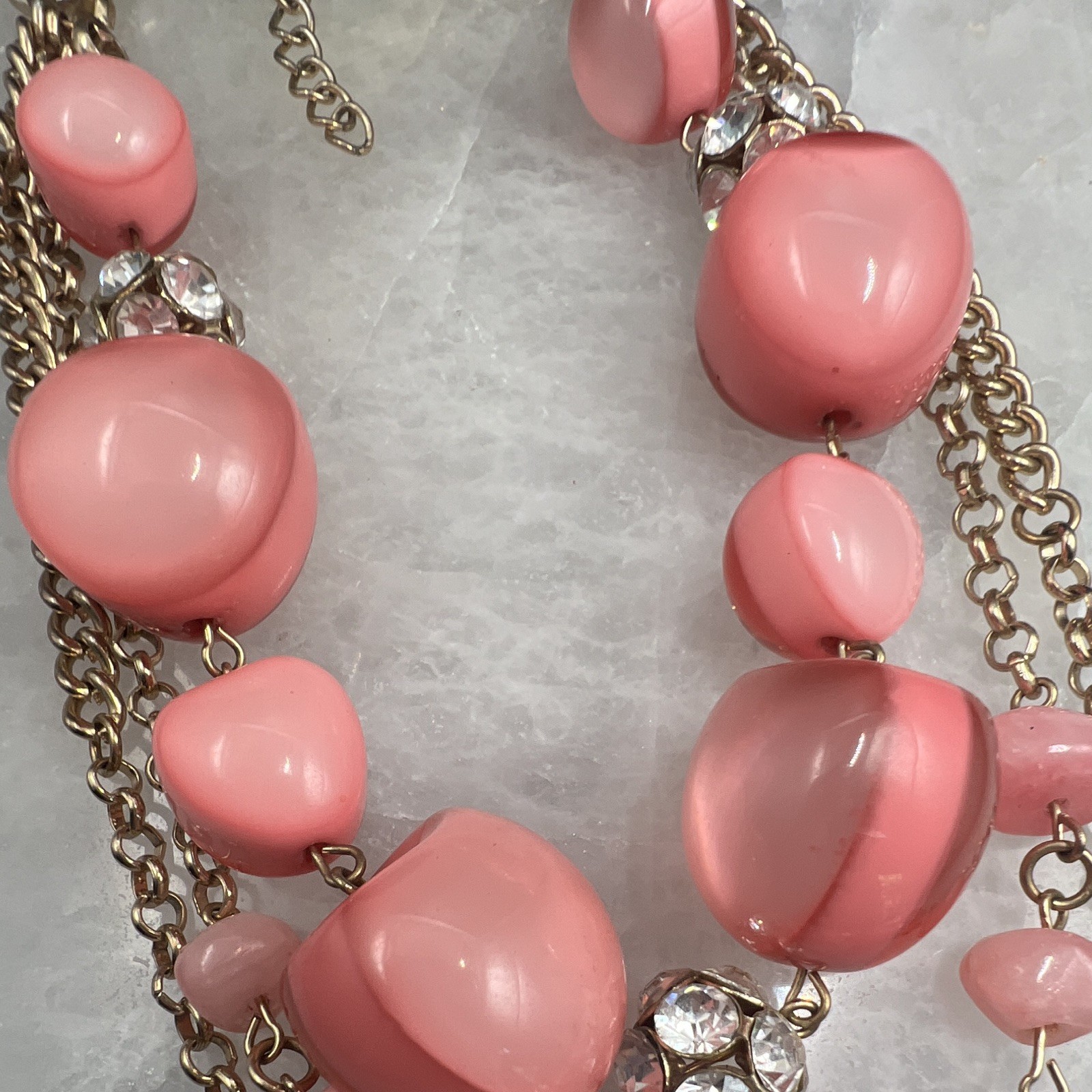 Pink Multi-Strand Beaded Cable Chain Necklace, Clear Crystal Pavé, Gold Tone