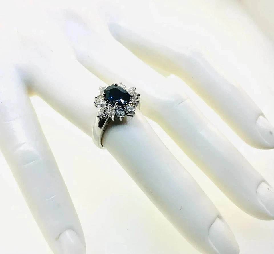 Oval Natural Blue Sapphire 4.90 Ct Diamond Wedding Ring 14K White Gold Size 6 7
