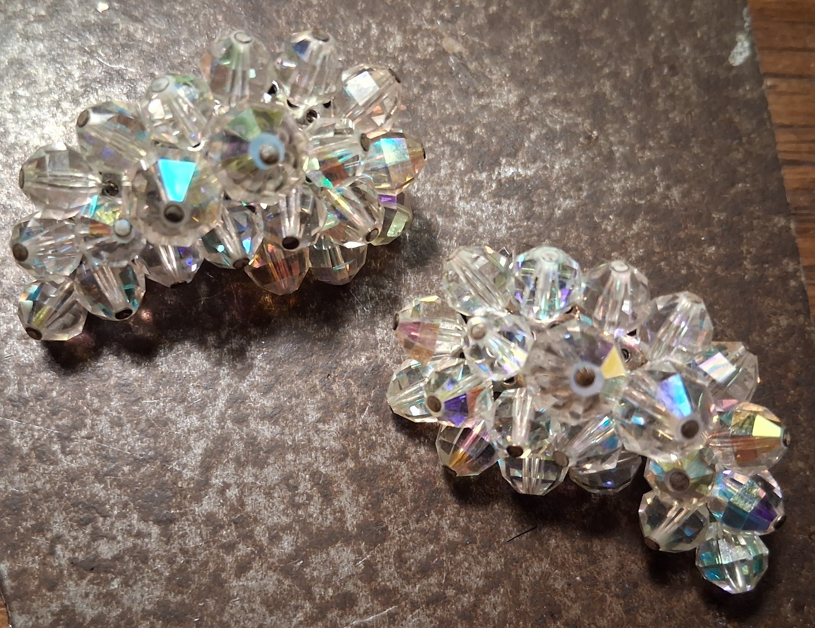 Vtg Crystal LAGUNA Clip Earring Cluster Aurora Borealis Bead Crescent Silvertone