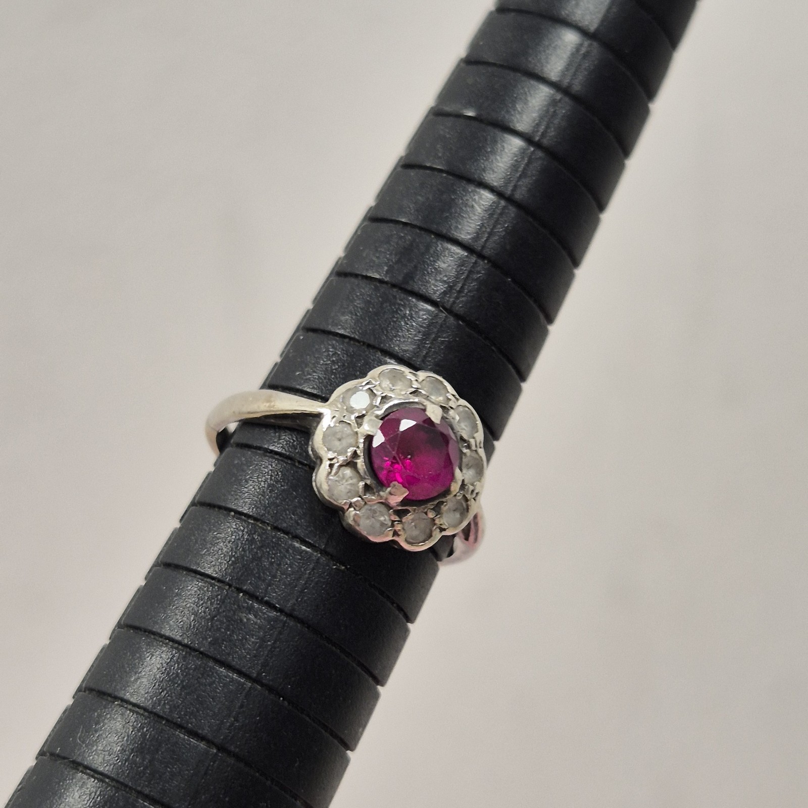Vintage Gold Silver Pink Synthetic Ruby Cluster Ring Floral Design Size P 1/2