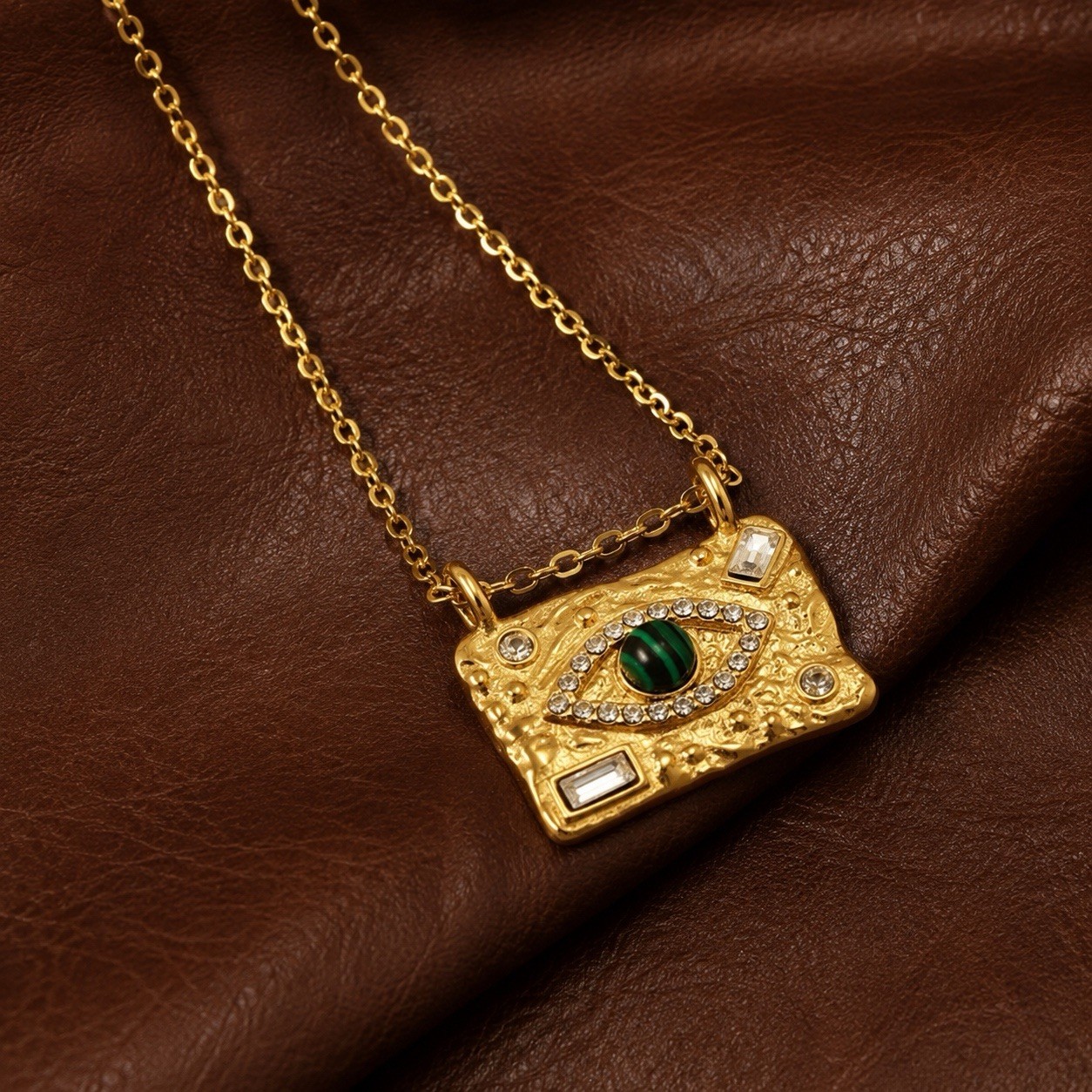 Anthropologie Malachite Evil Eye Necklace Devil Gold CZ Boho CZ Crystal Chain
