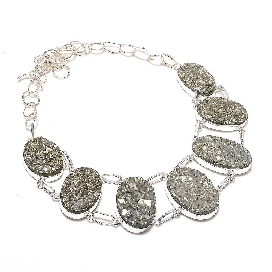 Pyrite Druzy Gemstone 925 Sterling Silver Jewelry Necklace 18″ Gift for Her e189