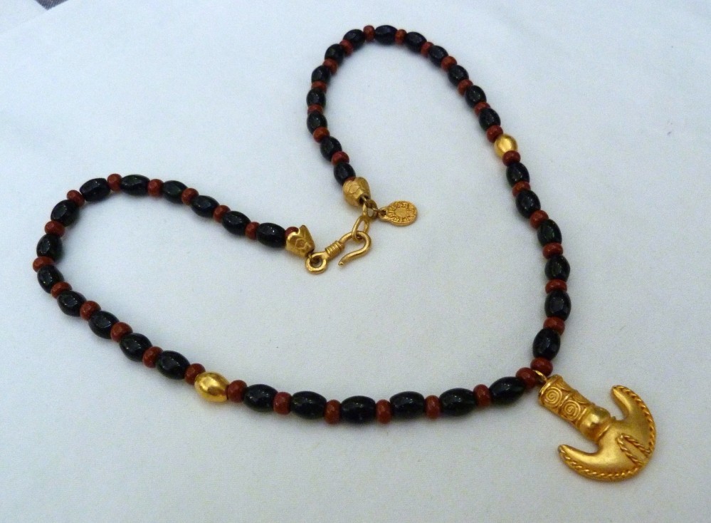 24K GOLD PLATED LINARENA MADE IN COLUMBIA ONYX RED JASPER BEADS NECKLACE