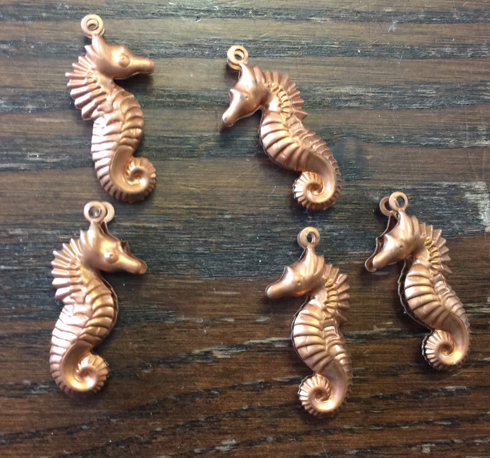 Vintage Copper Coated Steel 3 D 2 Sided Seahorse Whimsy Nautical Drop Charms