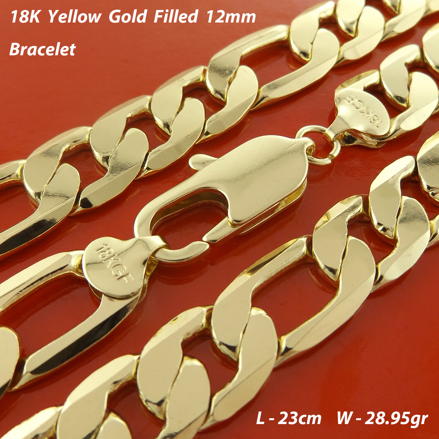 Figaro Bracelet 18k Yellow Gold Filled Solid Men’s 3 x 1 Link Bangle 23cm