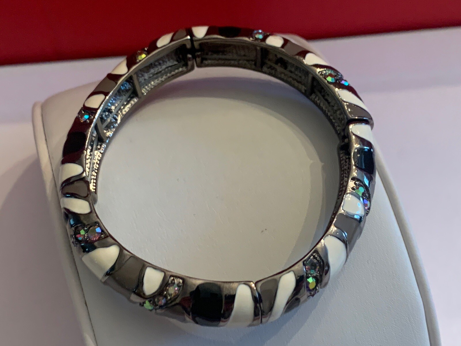 Joan Rivers Black/ Gray/ White Enamel Elastic Bracelet AB Crystals – BinT
