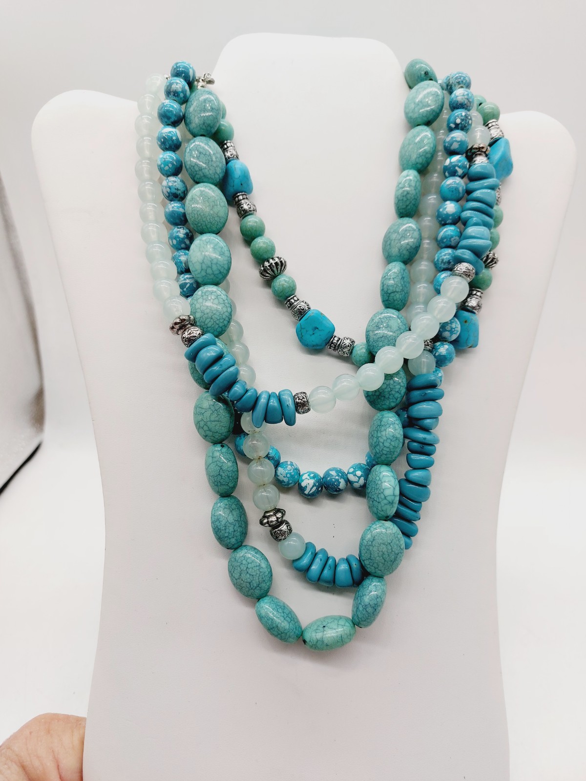 Necklace Blue Aquatic Bib Choker Turquoise Silver Tone Beads Multi Strand