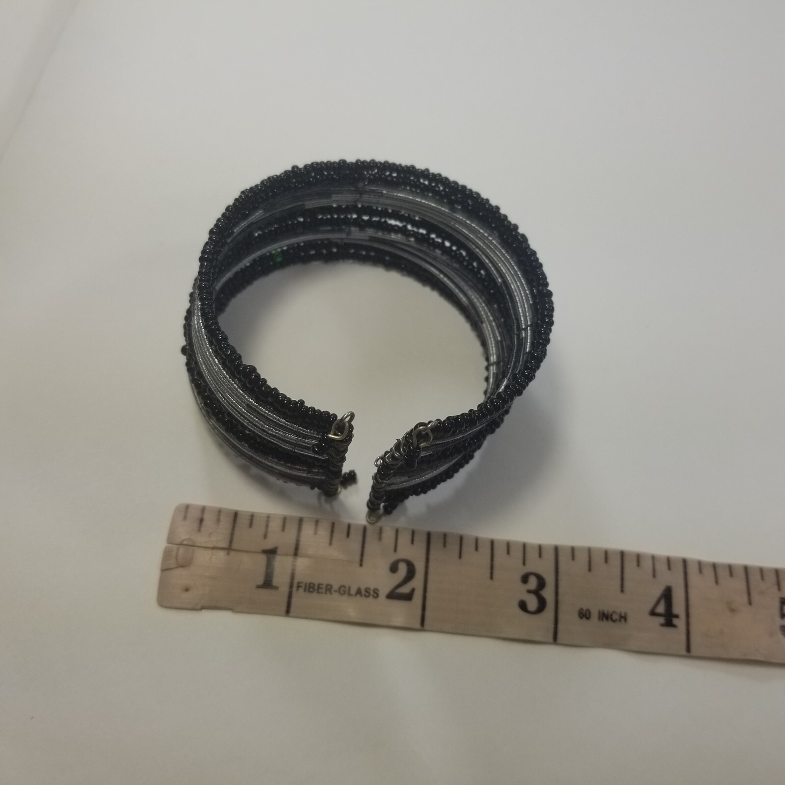 Beaded Wrap Cuff Bracelet Silver Tone Black Seed Beads, Flexible Fit, 1.5″ wide
