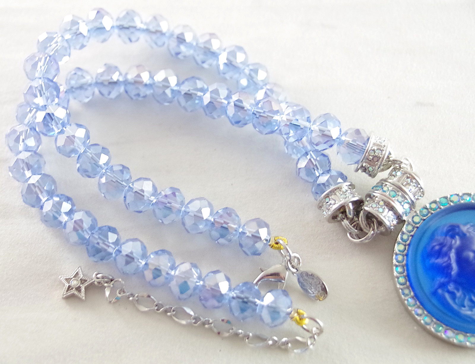 KIRKS FOLLY MAGNETIC CRYSTAL RHINESTONE BLUE ANGEL GODDESS SILVER TONE NECKLACE