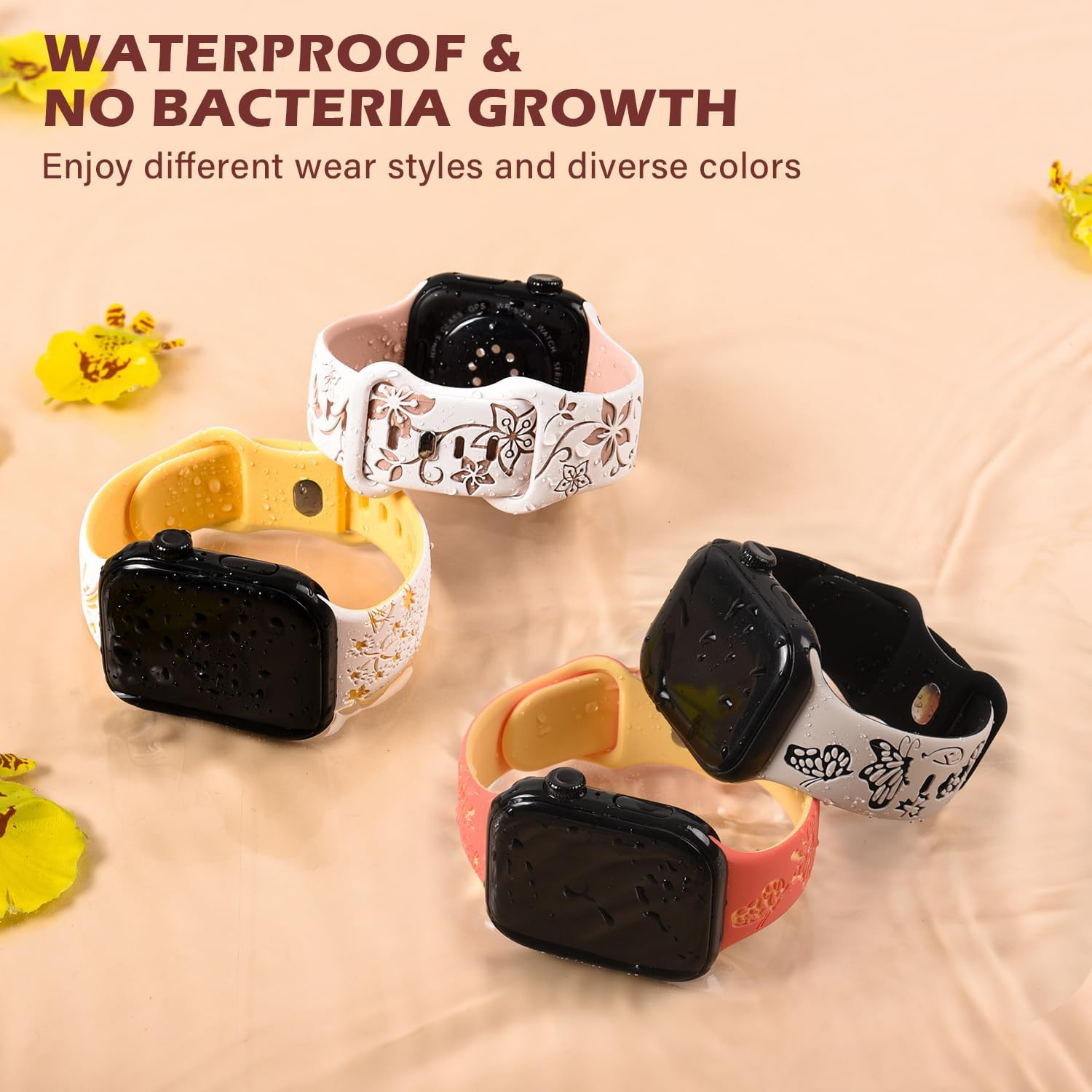 Floral Engraved Watch Bands 2 Packs, Soft Silicone Bands for Women Apple Watch B