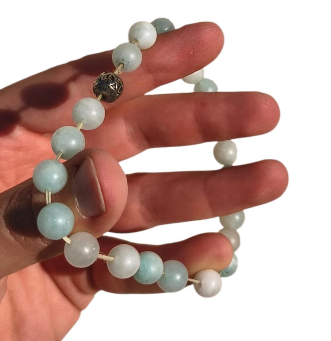 VTG Natural Amazonite Gemstone Bracelet Healing Beads Elastic Silver Women Gift