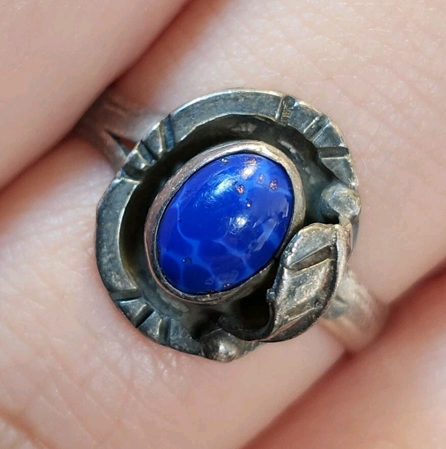 Size 8 Cabochon Lapiz Lazuli 925 Sterling Silver Ring Artisan Vintage – 3.0g
