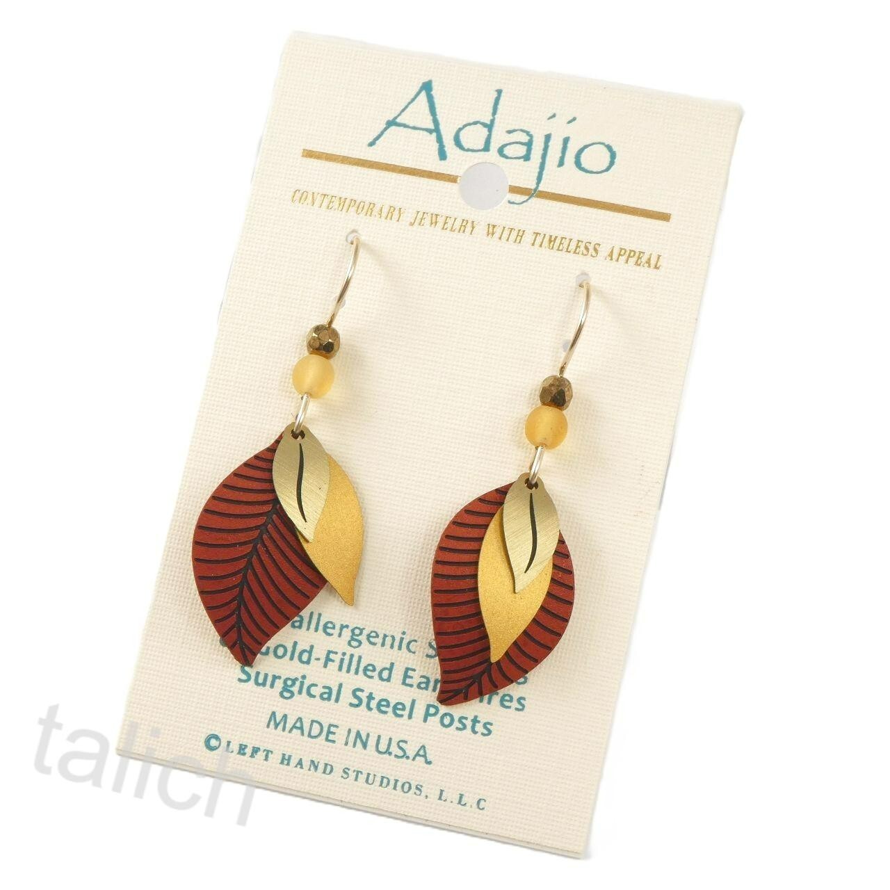 Adajio Earrings 14K Gold Filled Hook 3 Part Rust Brass Leaves Handmade USA 7023