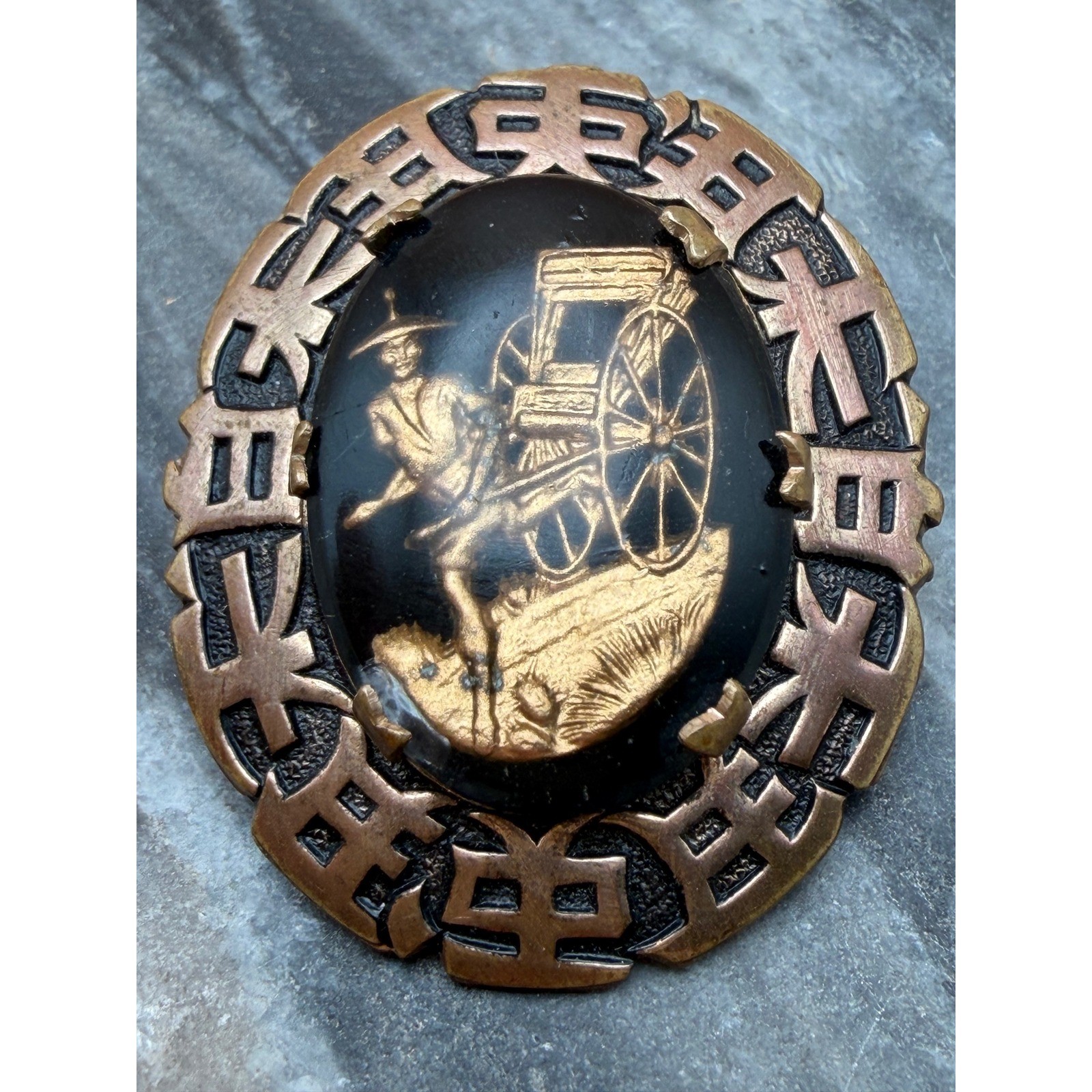 Vintage Damascene Rickshaw Brooch Gold Tone Inlay Japanese Art Deco Pin