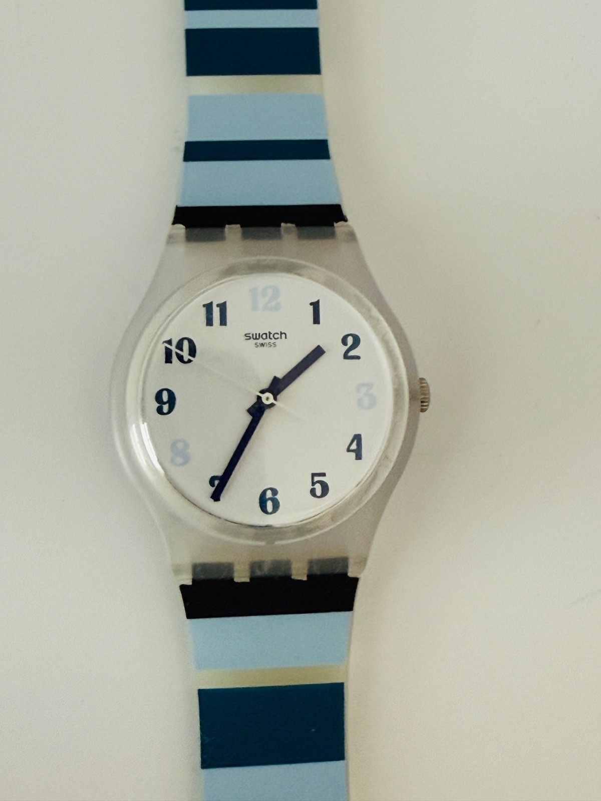 Swatch Swiss Originals NIGHT SKY Semi-Transparent Blue Stripes Watch 34mm GE275