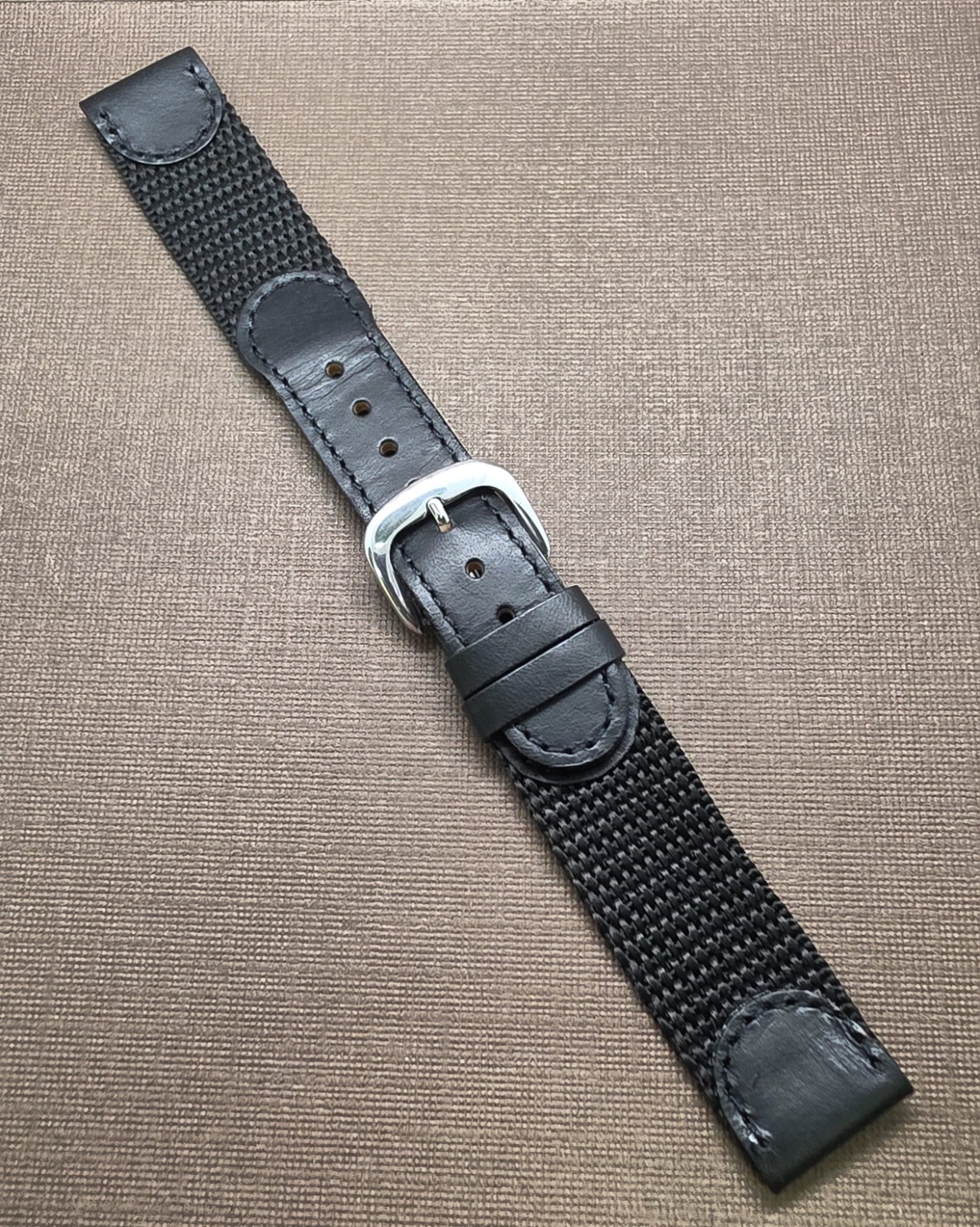 Vintage NOS Swiss Army Style 18mm Black Stitched Leather & Nylon Watch Band